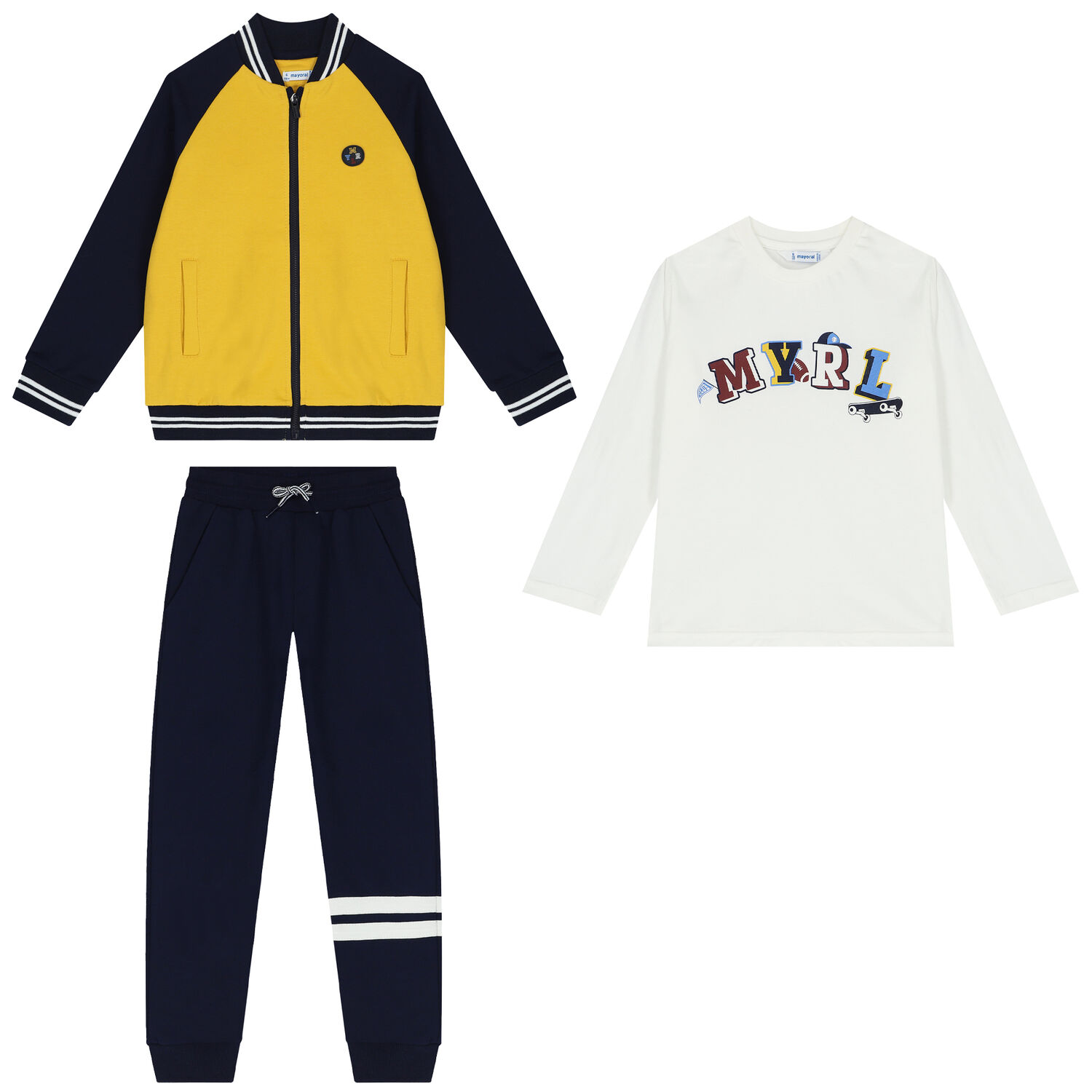Boys Yellow, Navy Blue & White 3 Piece Tracksuit, 1, hi-res image number null