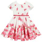 Girls White Floral Satin Dress, 1, hi-res