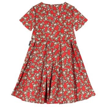 Girls Red Teddy Bear Logo Satin Dress