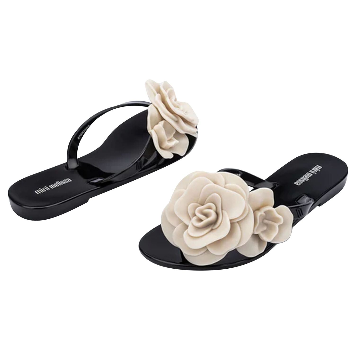 Girls Black & Beige Logo Flower Flip Flops, 2, hi-res