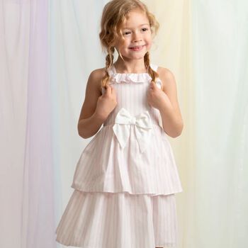 طقم فستان بنات مخطط باللون الوردي والأبيض