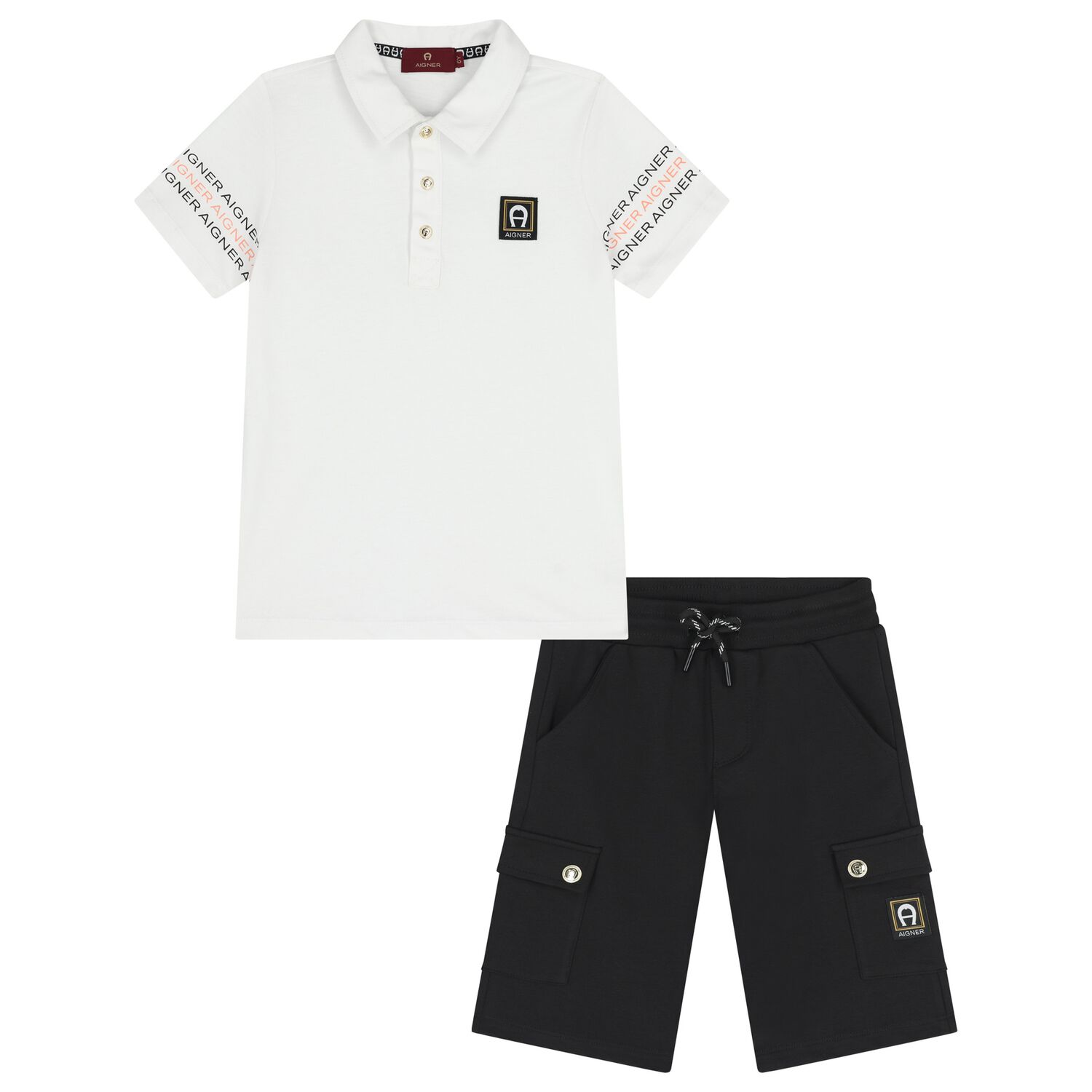 Boys White & Black Logo Shorts Set, 1, hi-res