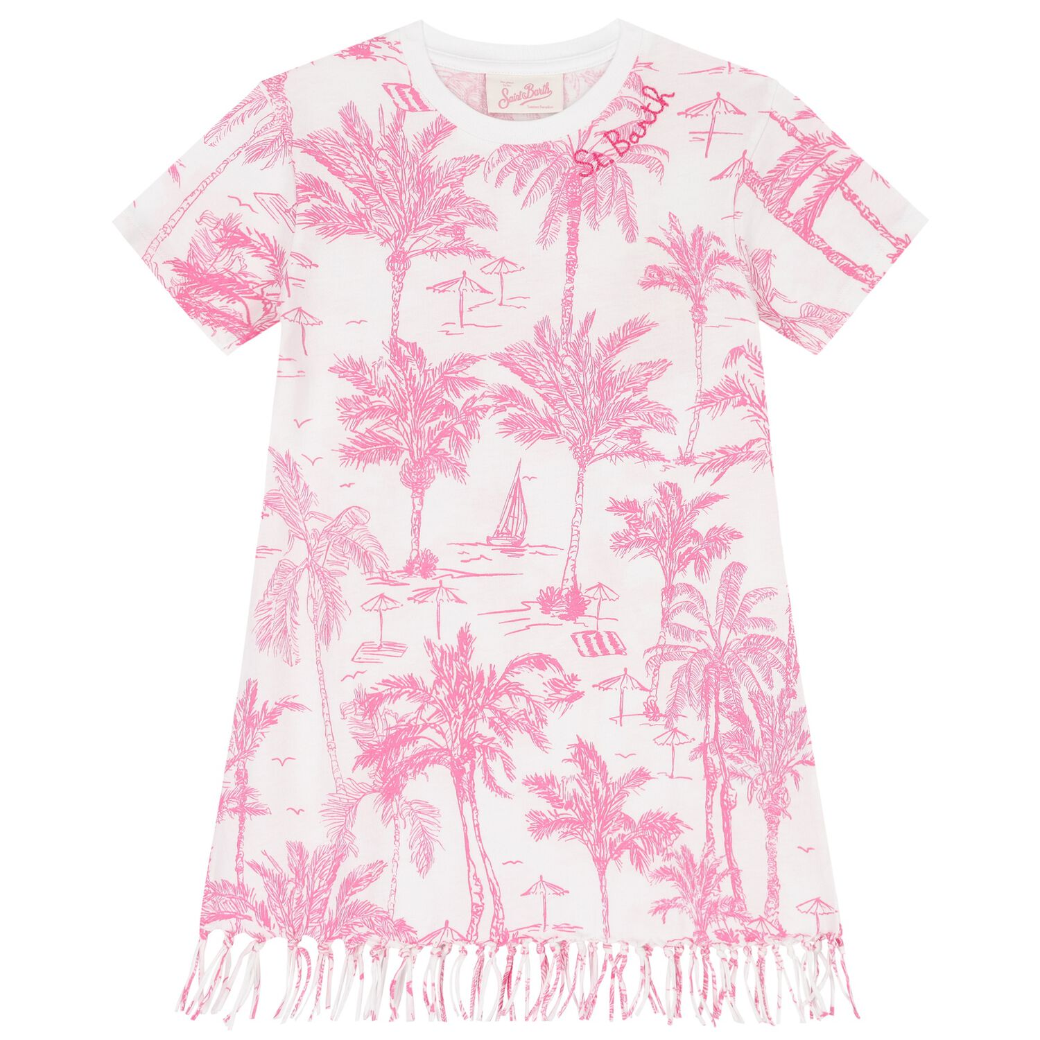 Girls White & Pink Palm Tree Dress, 1, hi-res image number null