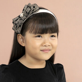 Girls Beige & Black Tulle Bow Headband