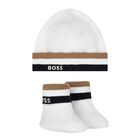 White Logo Hat & Booties Baby Gift Set, 1, hi-res