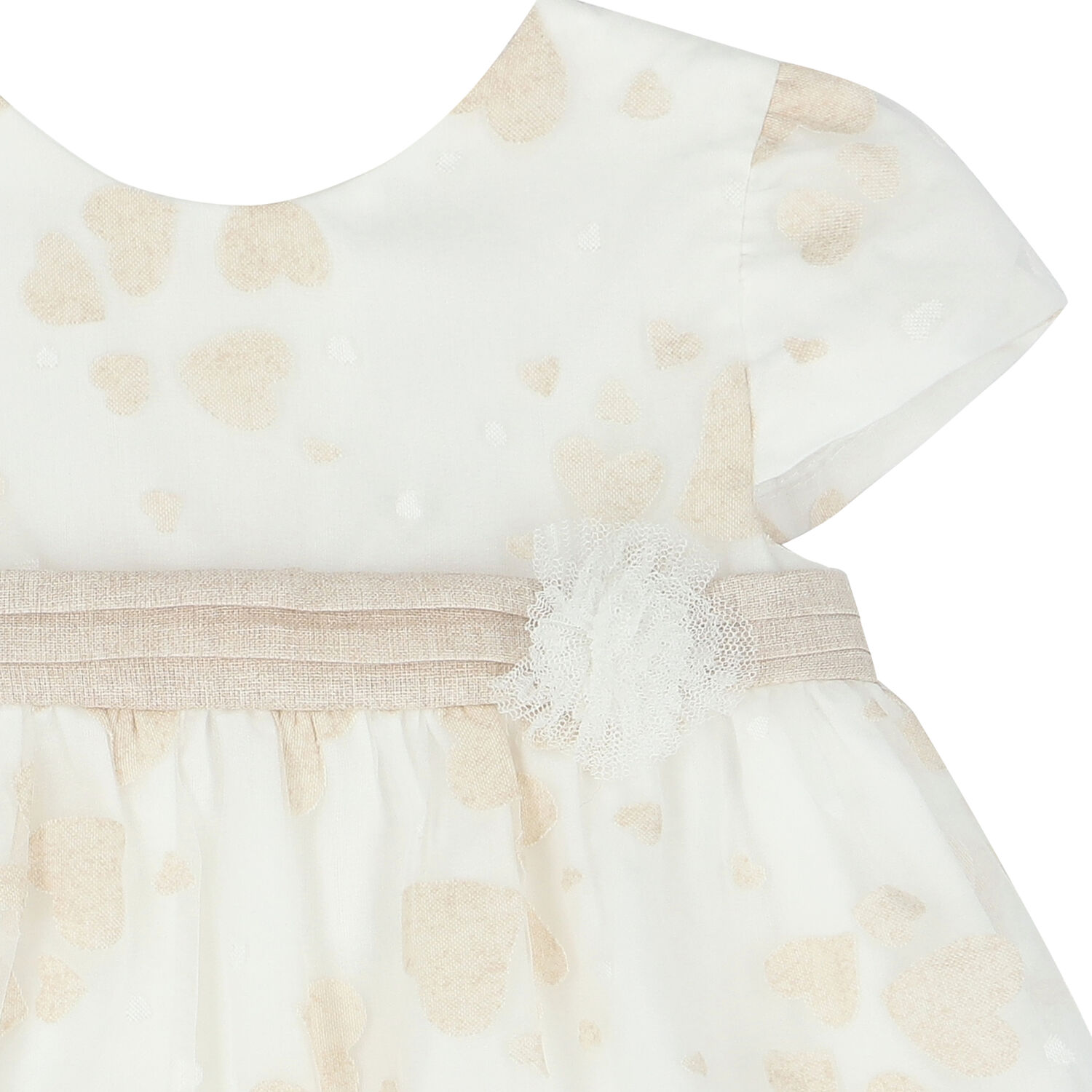 Baby Girls White & Beige Hearts Organza Dress Set, 1, hi-res