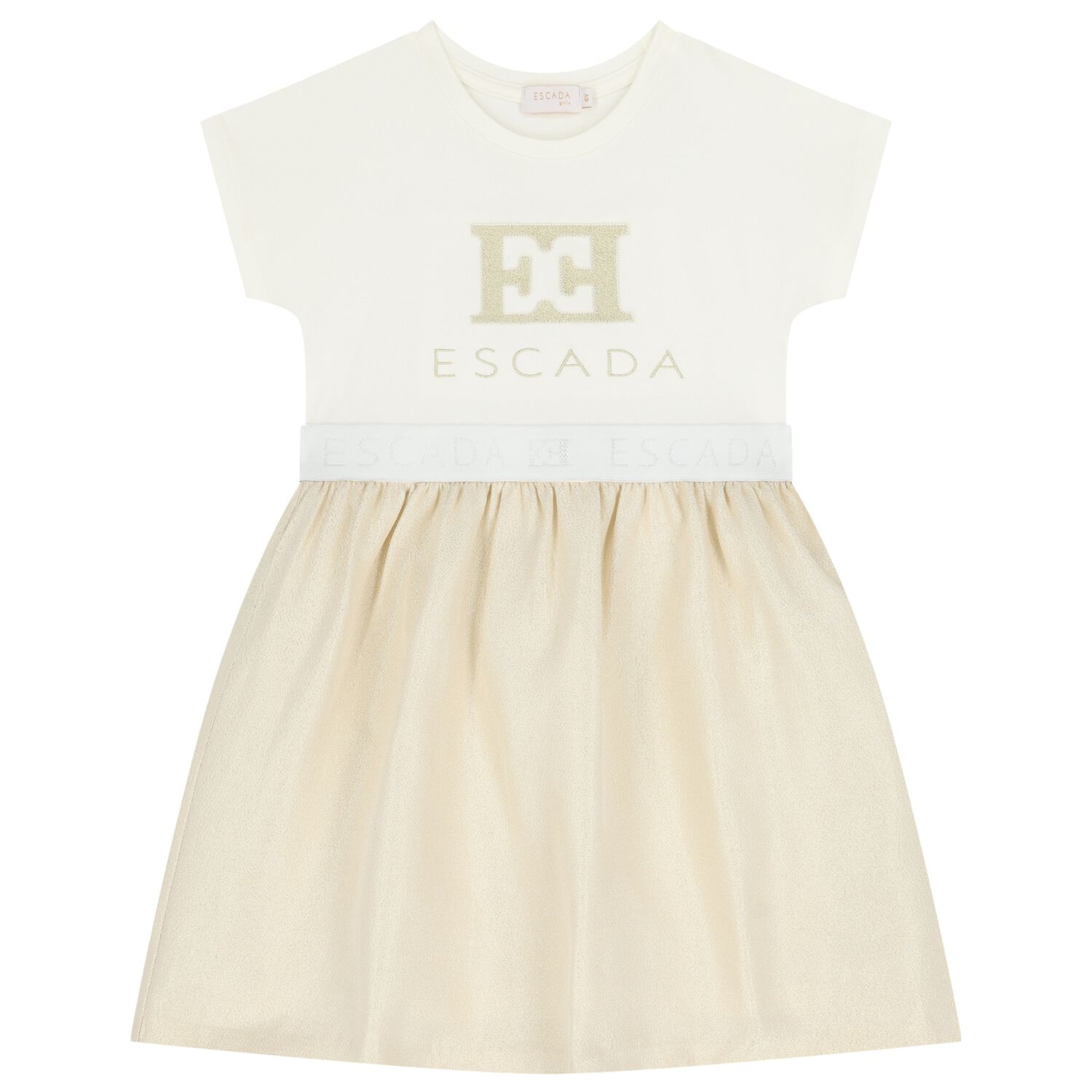 Girls Ivory & Gold Logo Dress, 1, hi-res