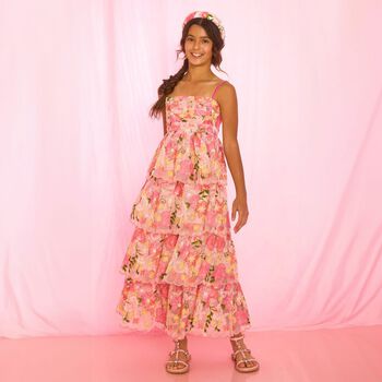 فستان بنات متعدد الطبقات مزين بالزهور باللون الوردى 