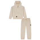 Boys Beige Embroidered Tracksuit, 1, hi-res