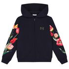 Girls Navy Blue Tulip & Logo Hooded Zip Up Top, 1, hi-res