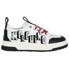 White & Black Logo Leather Trainers, 1, hi-res