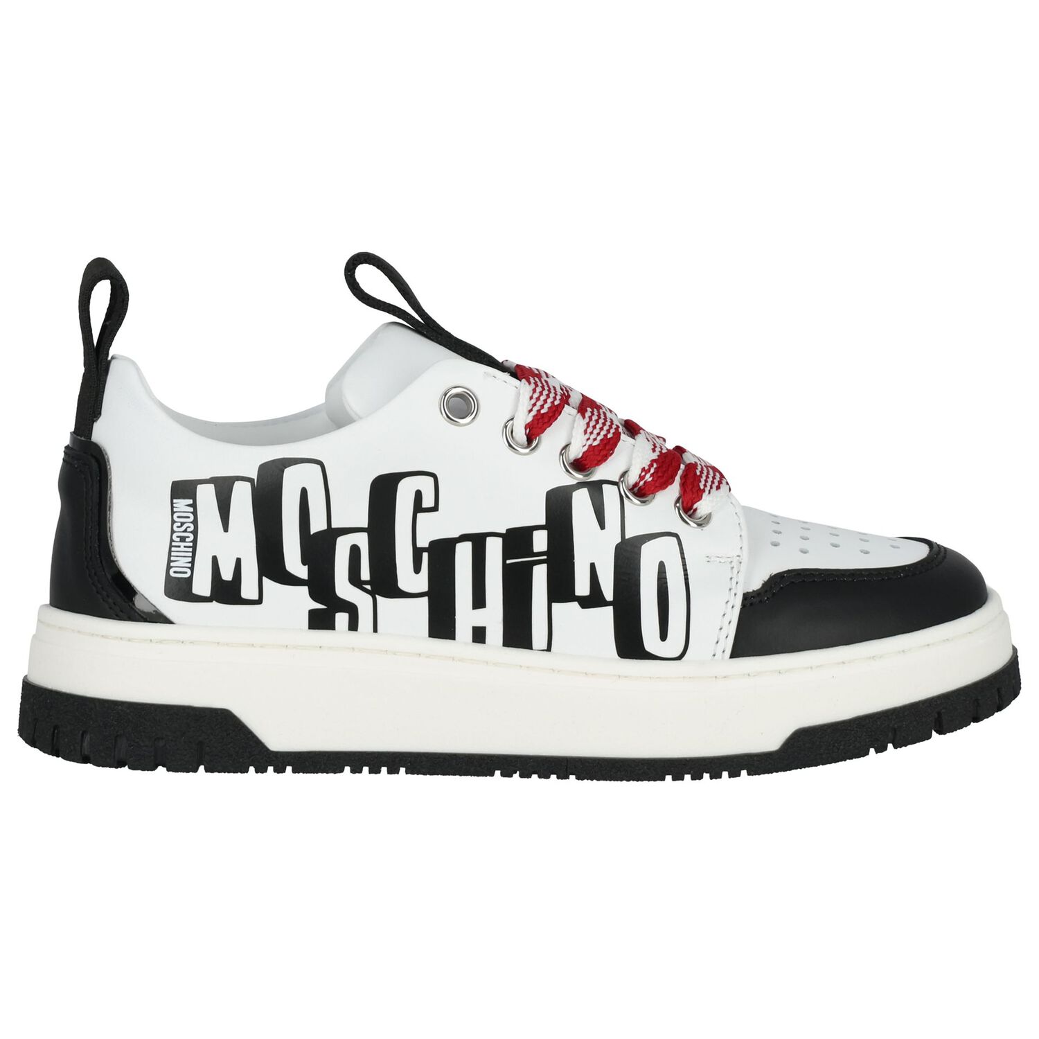 White & Black Logo Leather Trainers, 1, hi-res