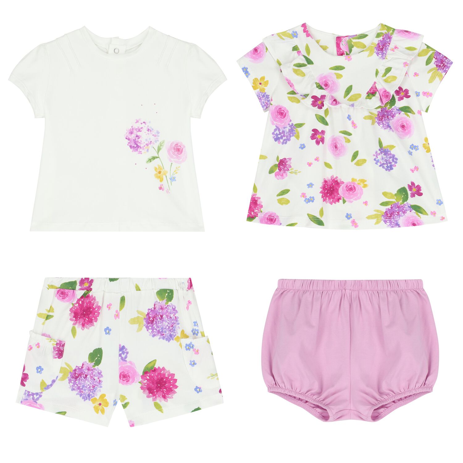 Baby Girls White & Purple Short Set (4 Piece), 2, hi-res