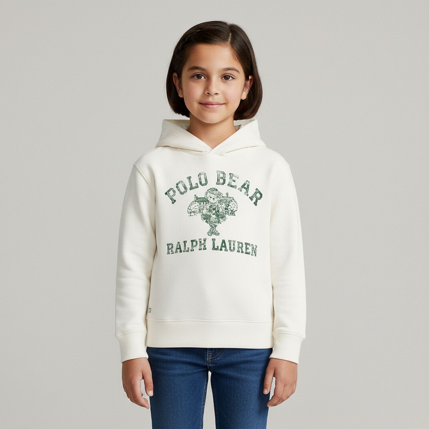 Girls Ivory Logo Polo Bear Hooded Top, 1, hi-res