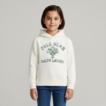 Girls Ivory Logo Polo Bear Hooded Top, 1 Girls Ivory Logo Polo Bear Hooded Top