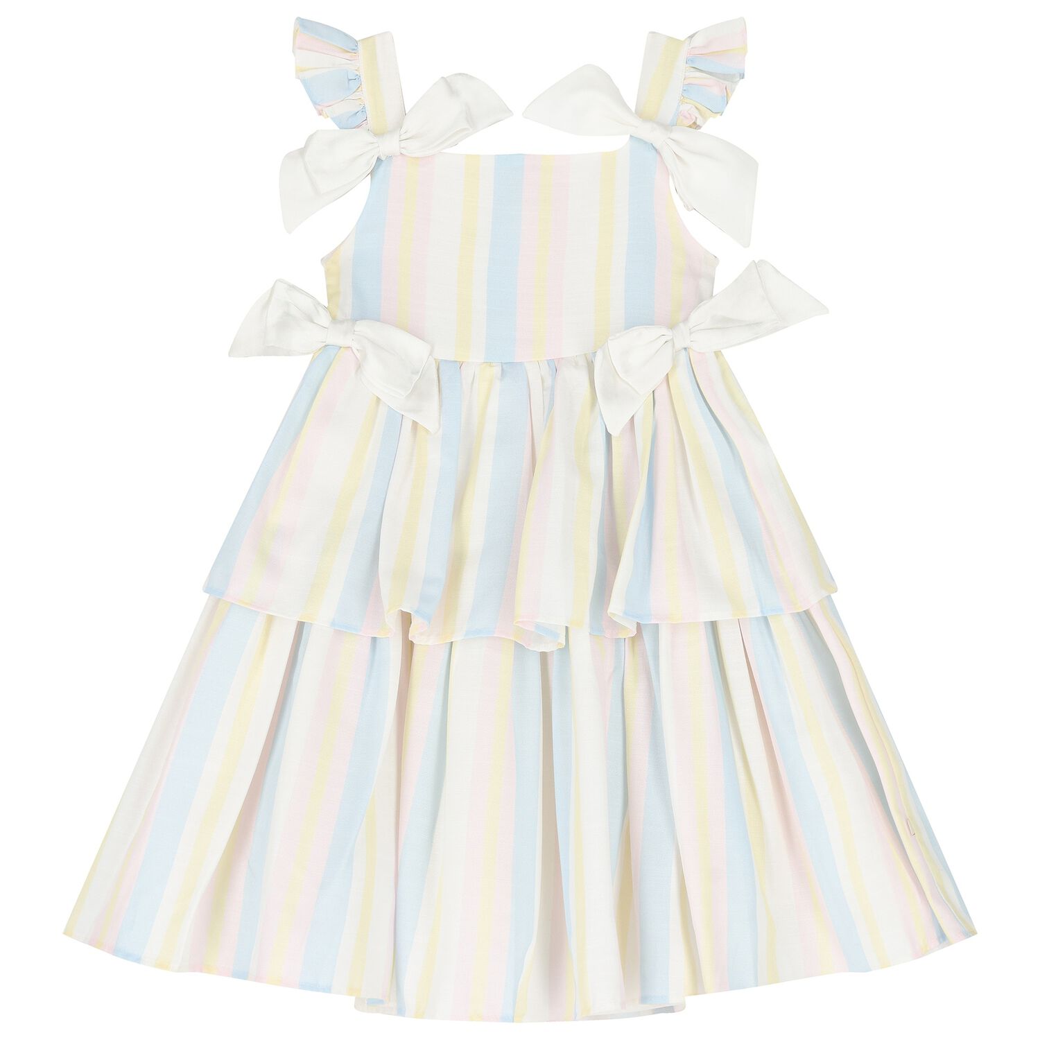 Girls Multicoloured Striped Bow Dress, 1, hi-res