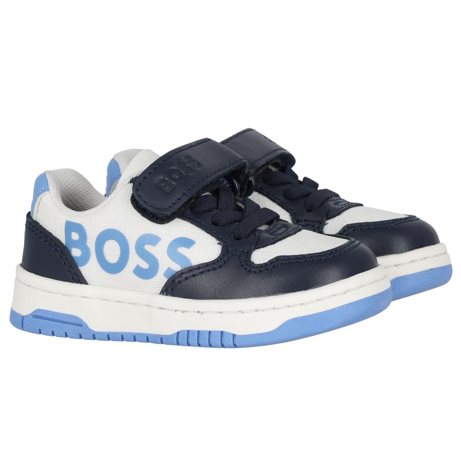 Boys Navy Blue, Blue & White Logo Trainers, 2, hi-res
