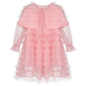 Girls Pink Ruffle Tulle Cape Dress