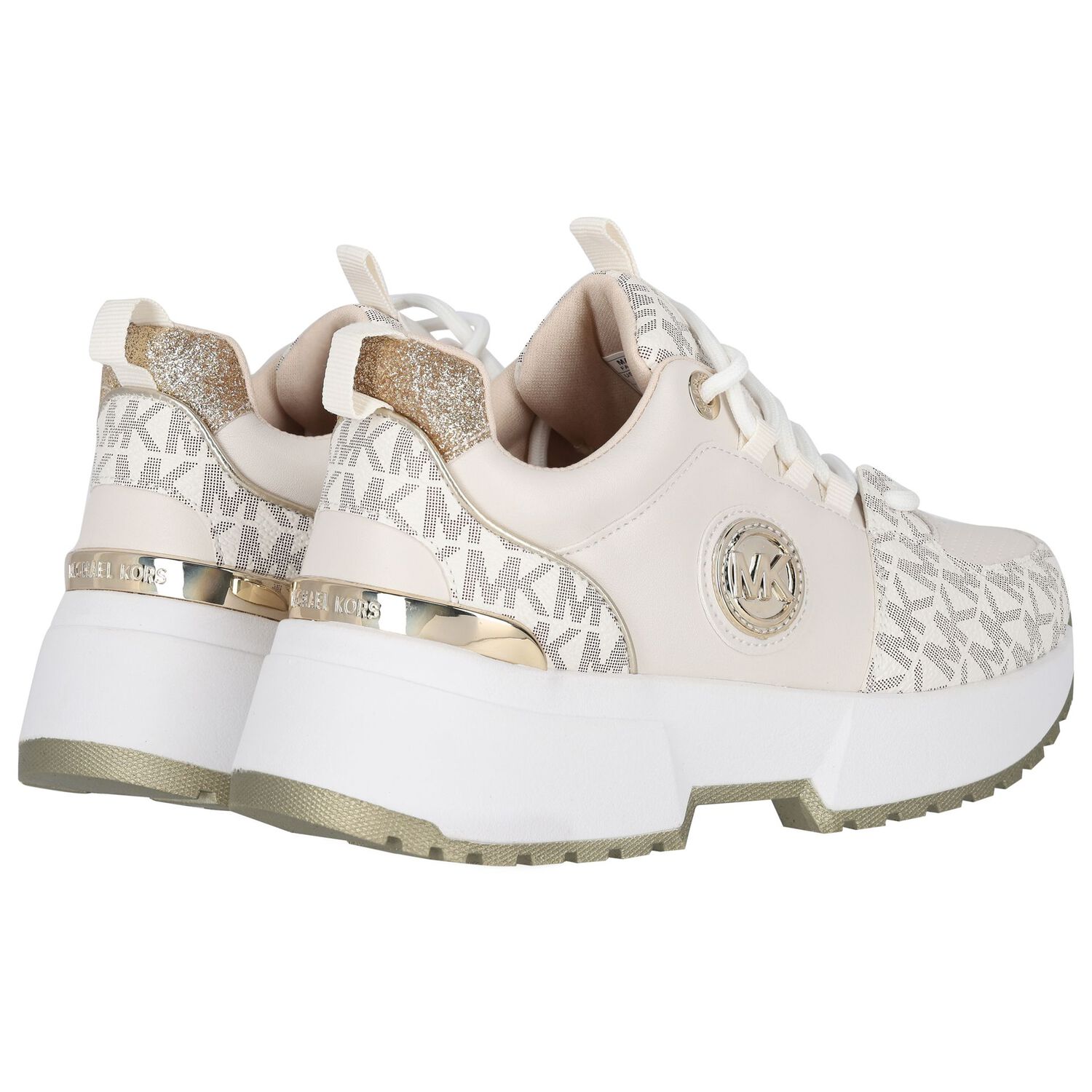 Girls Ivory & Gold Logo Trainers, 1, hi-res