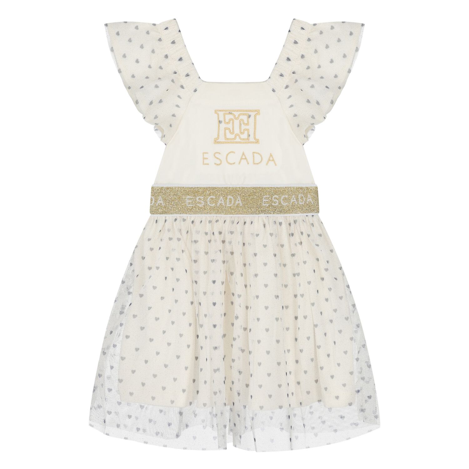 Younger Girls Ivory Logo Tulle Dress, 1, hi-res