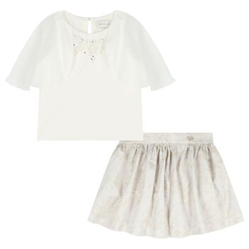 Girls Ivory & Beige Floral Skirt Set