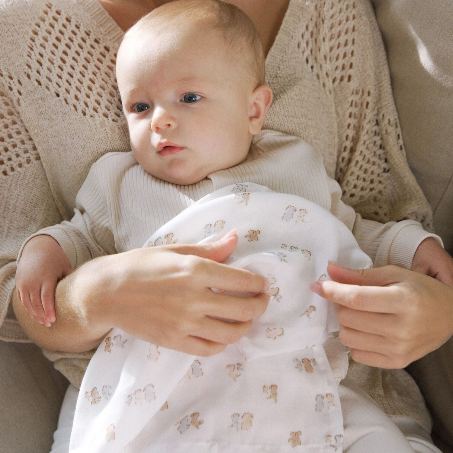 White & Beige Muslin Swaddles (3-Pack), 1, hi-res image number null