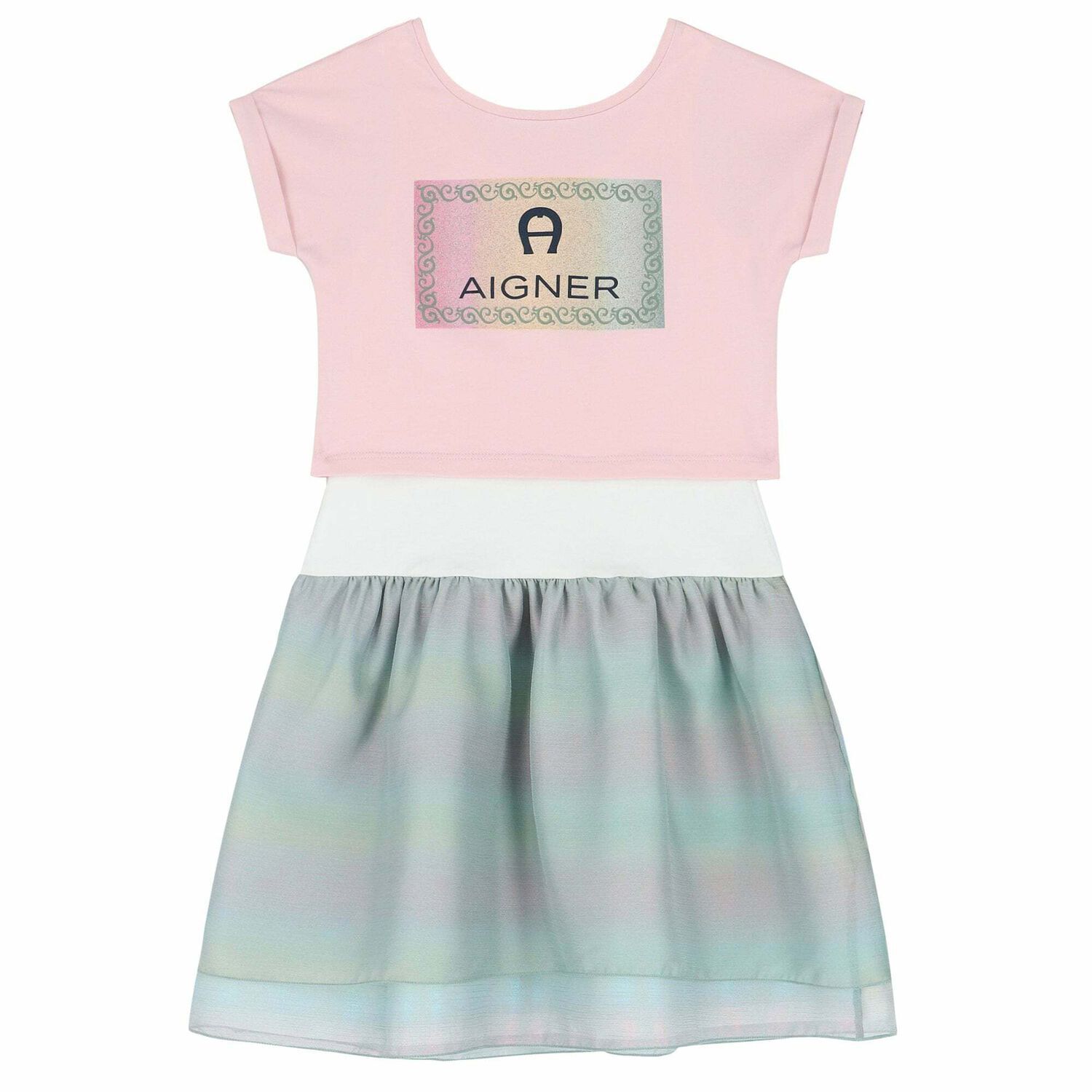 Girls Pink, White & Green Logo Dress Set, 2, hi-res