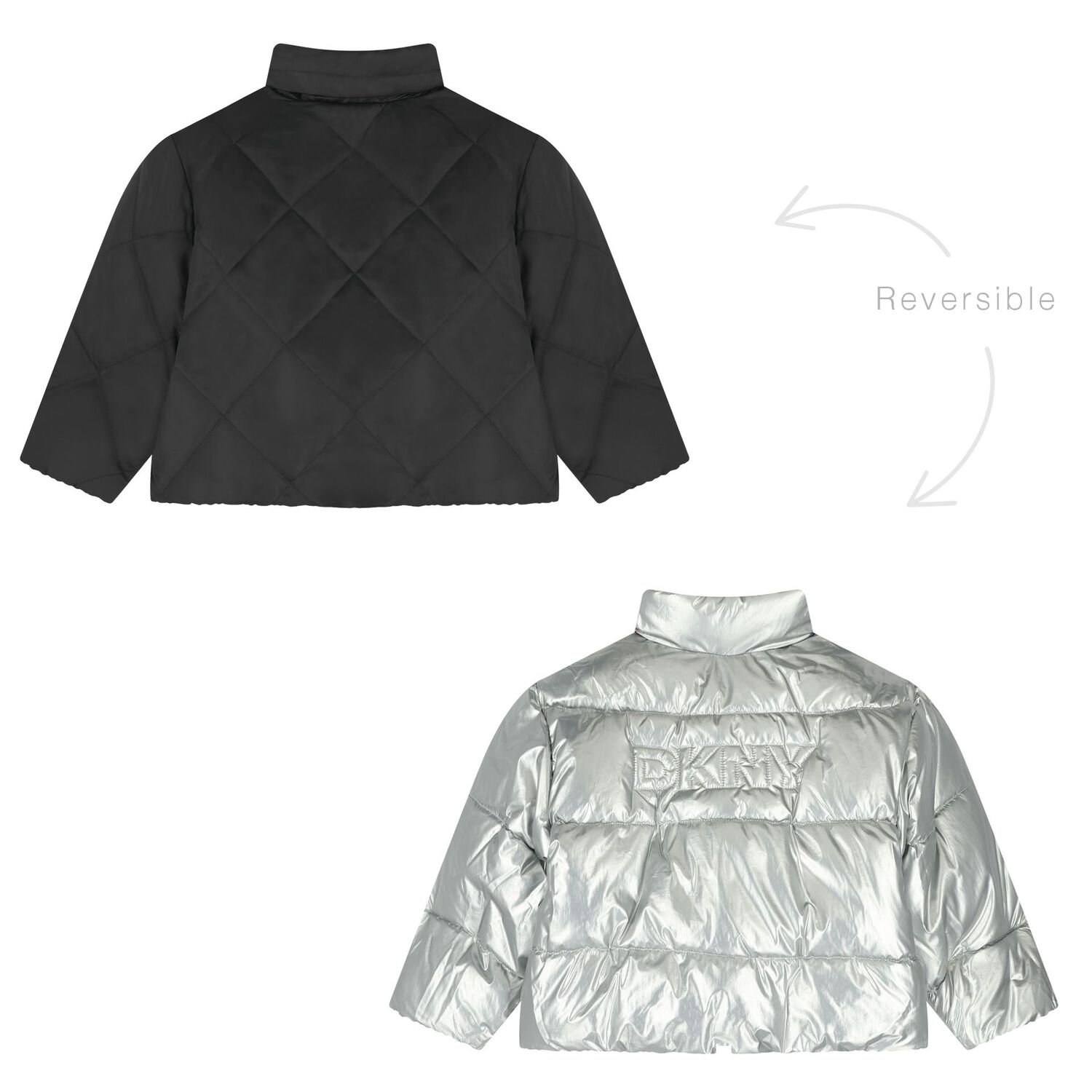 جاكيت منفوخ قابل للعكس بشعار فضي وأسود للبنات, 1, hi-res