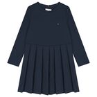 Girls Navy Blue Logo Pleated Dress, 1, hi-res