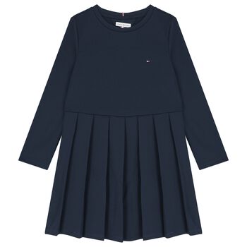 Girls Navy Blue Logo Pleated Dress