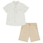 Boys Ivory & Beige Striped Shorts Set, 2, hi-res