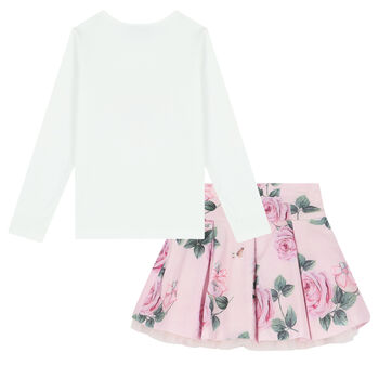 Girls Ivory & Pink Rose Print Skirt Set