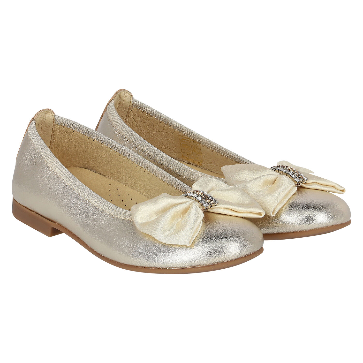 Girls Gold Bow Ballerina Shoes, 1, hi-res