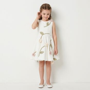 Girls White Rose Satin Dress