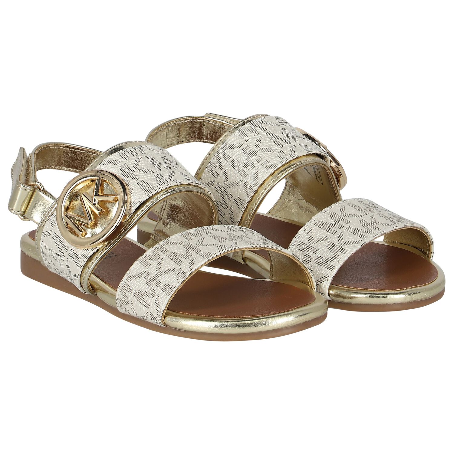 Girls Ivory & Gold Logo Sandals, 1, hi-res