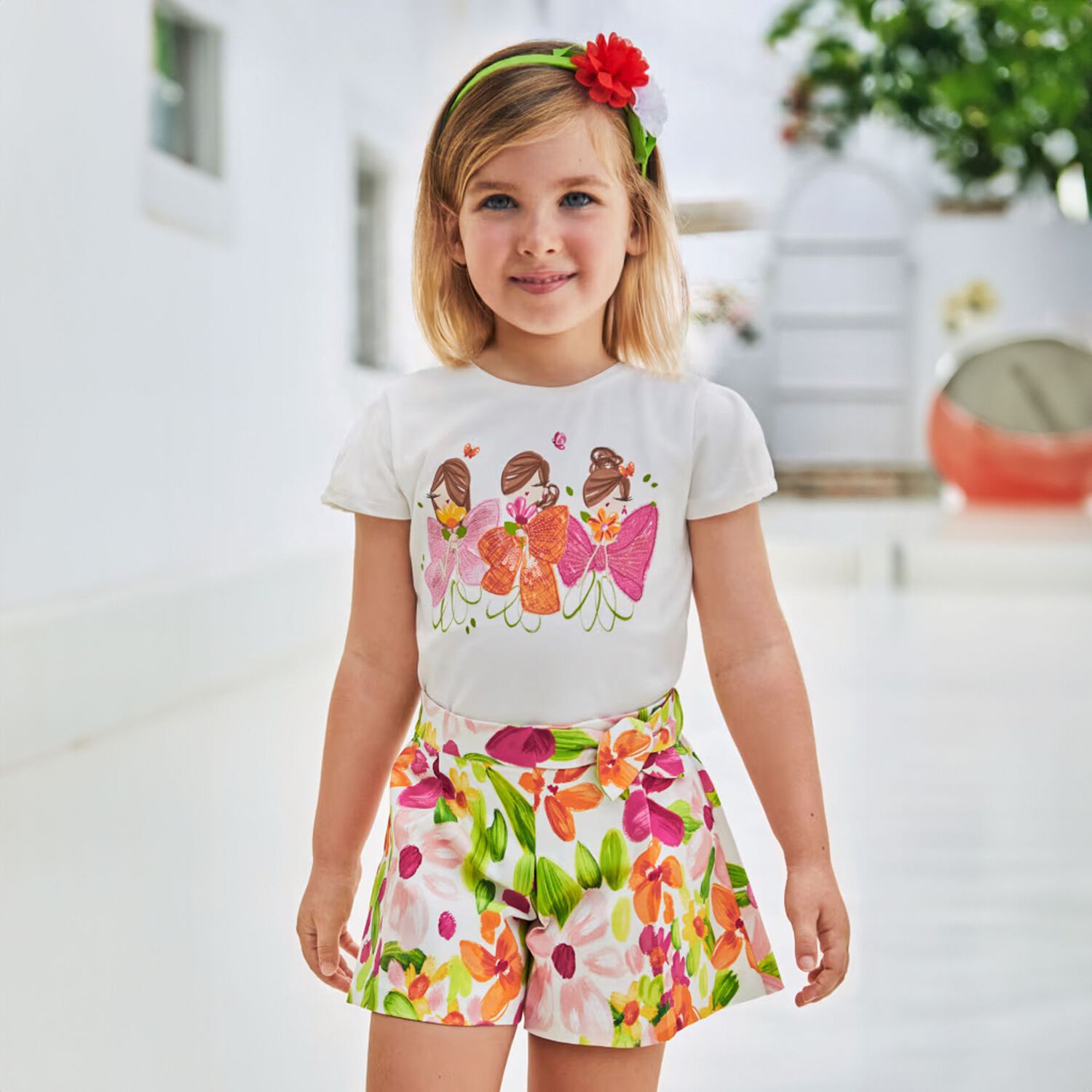 Girls Green & Pink Floral Shorts, 1, hi-res