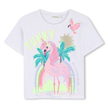 Girls White Pink Unicorn Flamingo T-Shirt