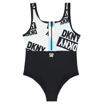 Girls White & Black Logo Swimsuit