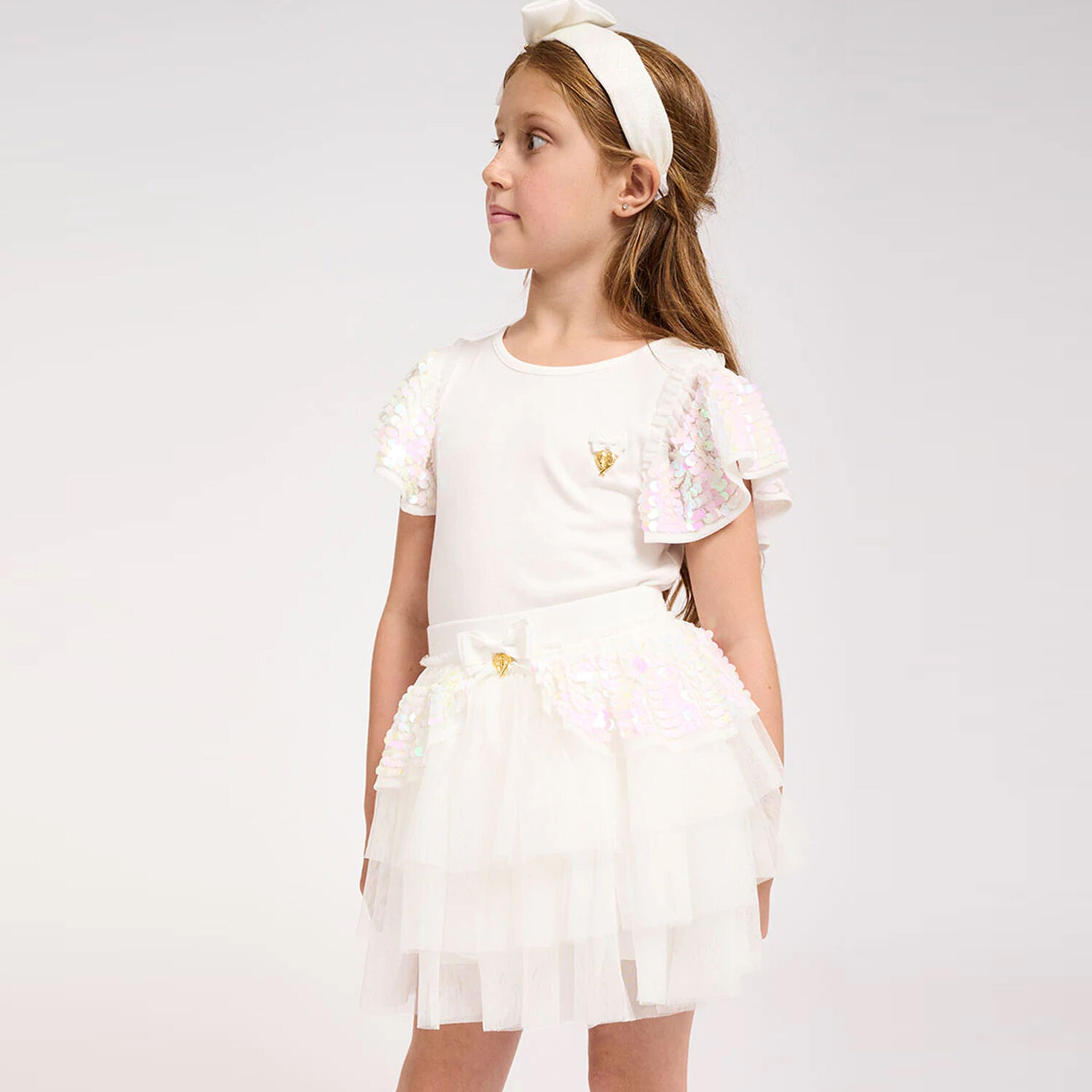 Girls White Sequin Tulle Skirt, 1, hi-res image number null