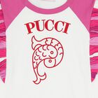 فستان للبنات باللون أبيض ووردي مكشكش بشعار, 1, hi-res