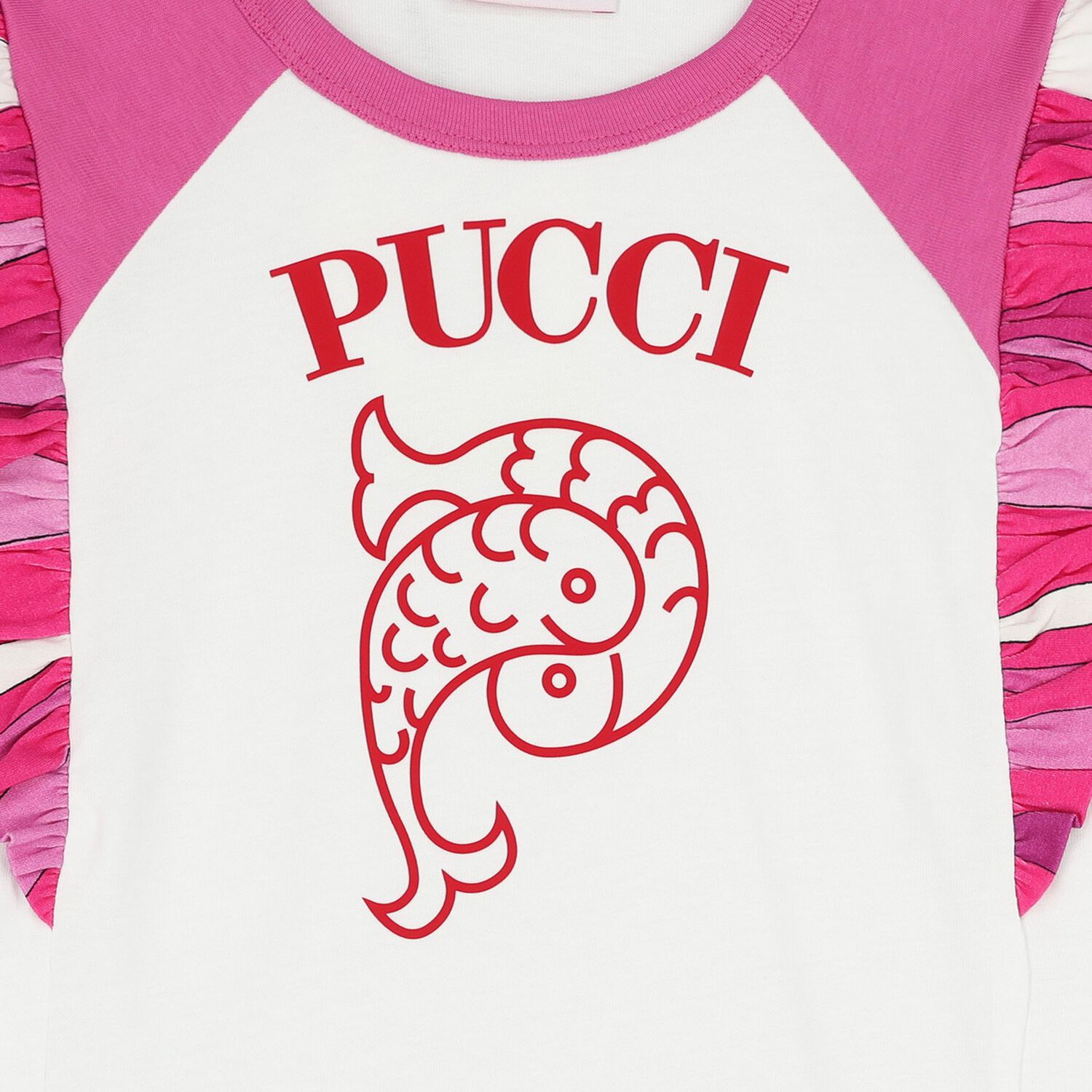 فستان للبنات باللون أبيض ووردي مكشكش بشعار, 1, hi-res